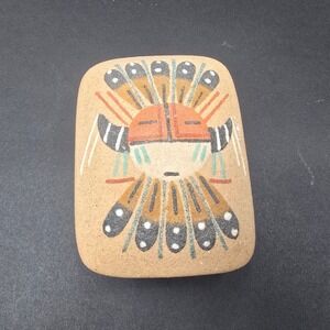 Navajo Sand Art Trinket Box Sunface Kachina Southwestern Ceramic Lidded Decor